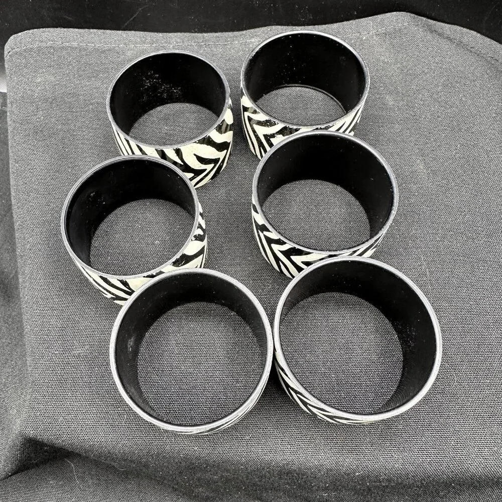 Black White Zebra Print Napkin Rings Set Of 6 Animal Pattern Table Decor Vintage